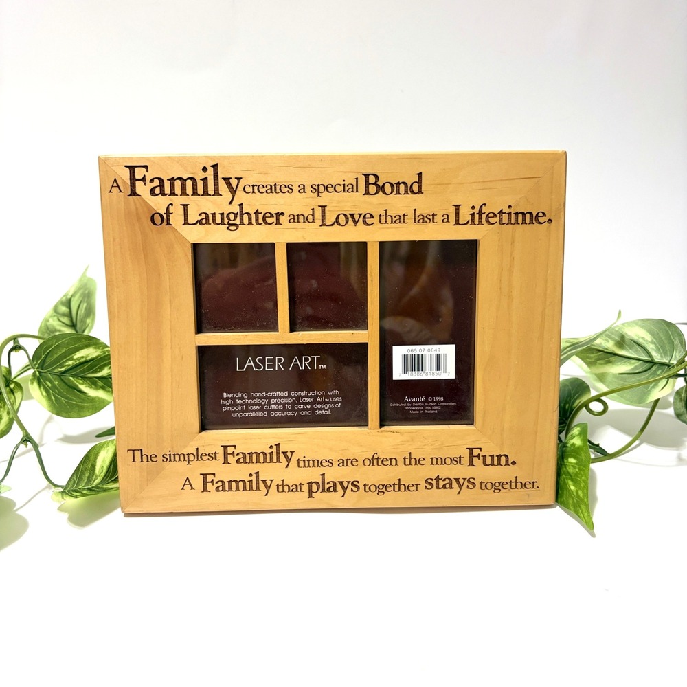 Avante 1998 Laser Art Wood Family Collage Picture Frame 4 Openings Natural Wood
